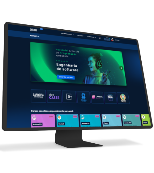 monitor e celular com o alura plus aberto